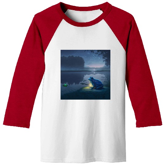 Blue Frog and Firefly on a pond at Night Baseball Tees