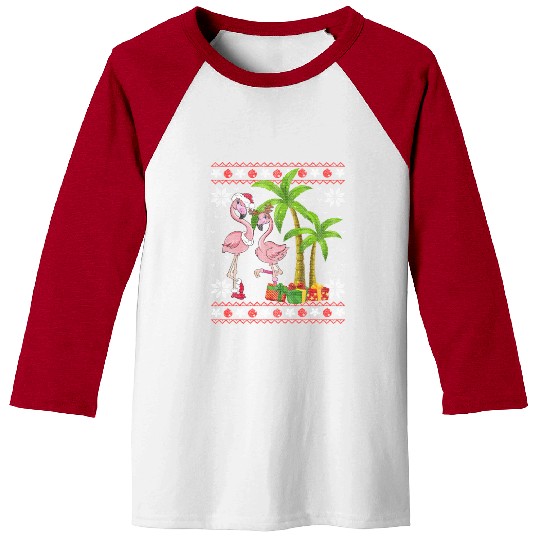 Pink Flamingo Christmas Palm Tree Matching Baseball Tees