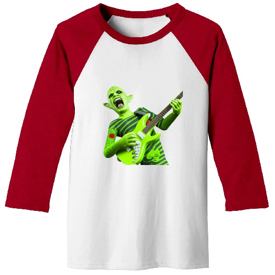 Huge green alien jamming on an electric guitar. Baseball Tees