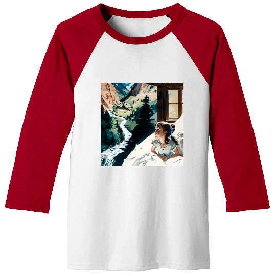 A painting girl sitting a bed looking out a windo Baseball Tees