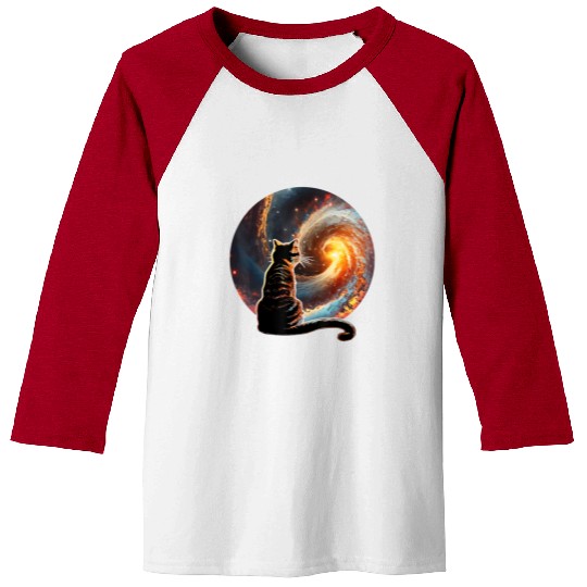 Cat Staring at a Galaxy Cat Dad Cat Lover Baseball Tees