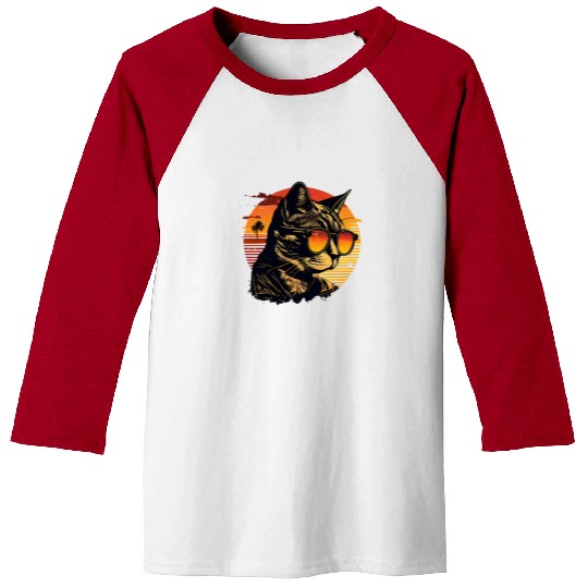 Retro Cat Vintage Sunset 80s 90s Sunglasses Party Baseball Tees