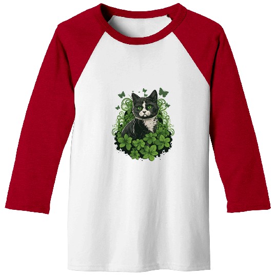 Black and white cat with ivy and butterflies Baseball Tees