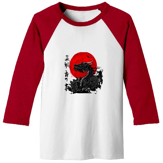 Dragon and crimson sun with ink japanese Baseball Tees