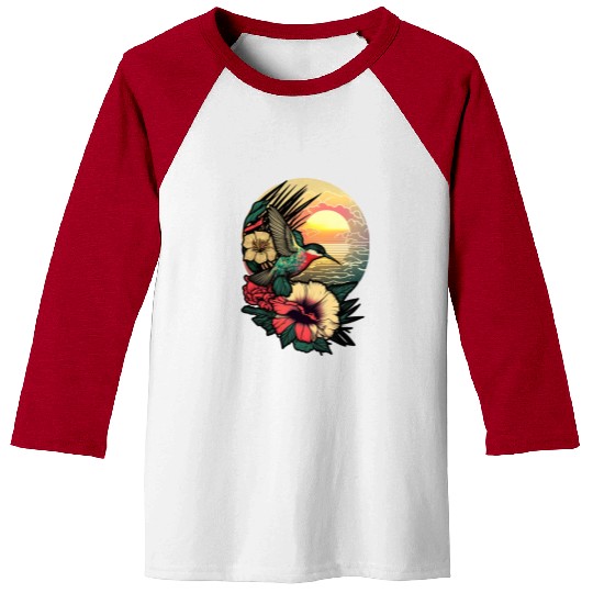 Hummingbird flies over hibiscus flower Tropical Baseball Tees
