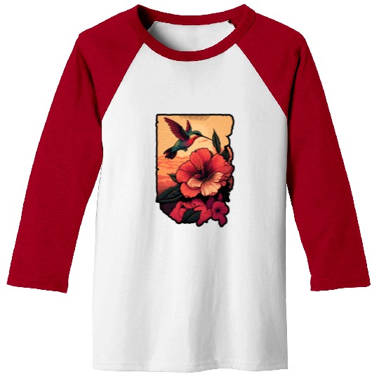 Hummingbird flies over hibiscus flower Tropical Baseball Tees