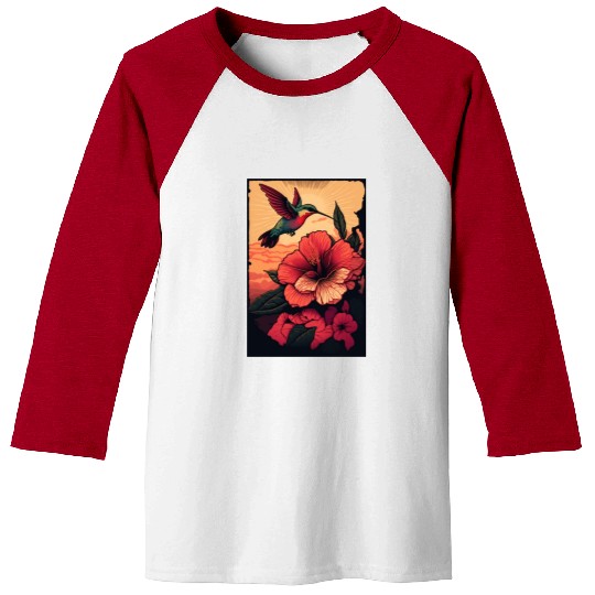 Hummingbird flies over hibiscus flower Tropical Baseball Tees