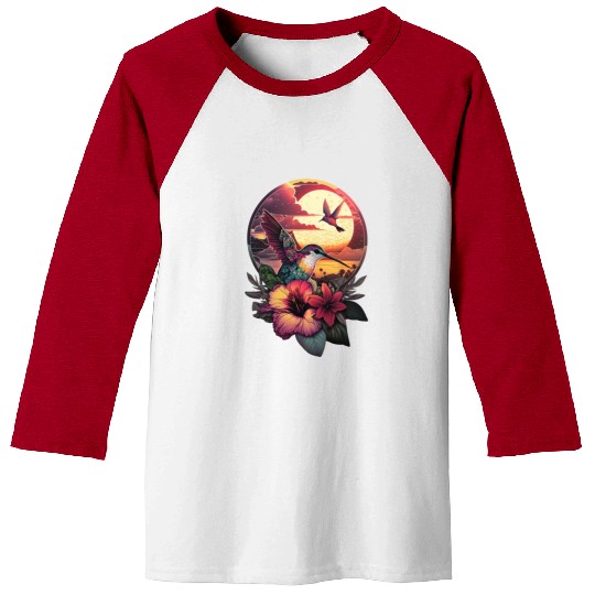 Hummingbird flies over hibiscus flower Tropical Baseball Tees