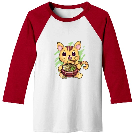 Kawaii Cat Eating Ramen Baseball Tees