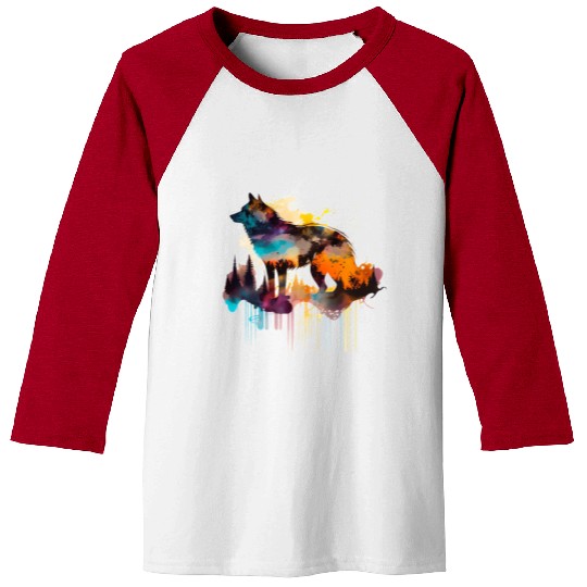 Mountain Wolf Multicolor Watercolor Portrait Baseball Tees