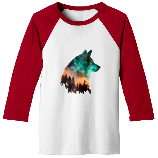 Forest Wolf Multicolor Watercolor Portrait Baseball Tees