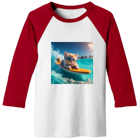 A cute cat surfing in the blue water Baseball Tees