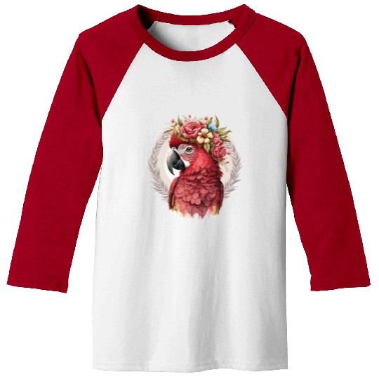 Scarlet Macaw Parrot Watercolor Bird Flower Crown Baseball Tees