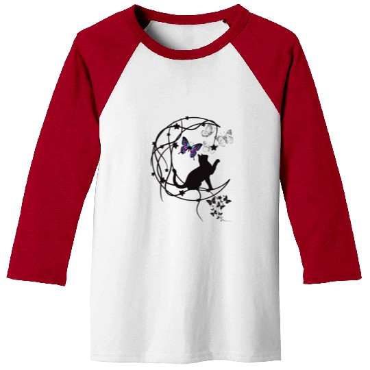 Decorative Black Cat Silhouette With Butterflies Baseball Tees