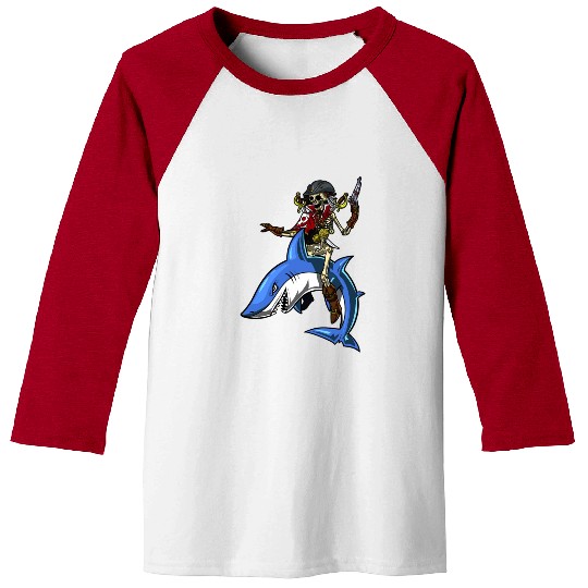 Skeleton Pirate Sailor Riding Shark Ocean Fantasy Baseball Tees