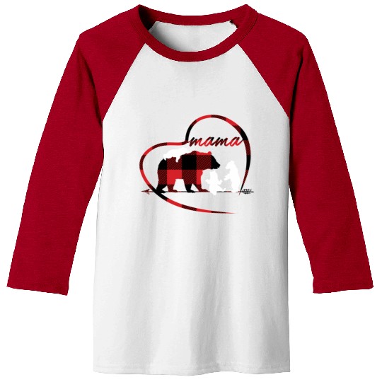 Mama Bear 3 Cubs Red Buffalo Plaid Heart For Mom Baseball Tees