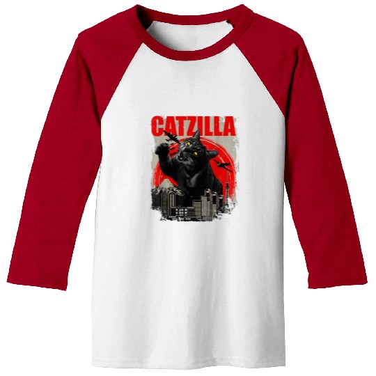 Catzilla Vintage Funny Cute Cat Art Japanese Sunse Baseball Tees