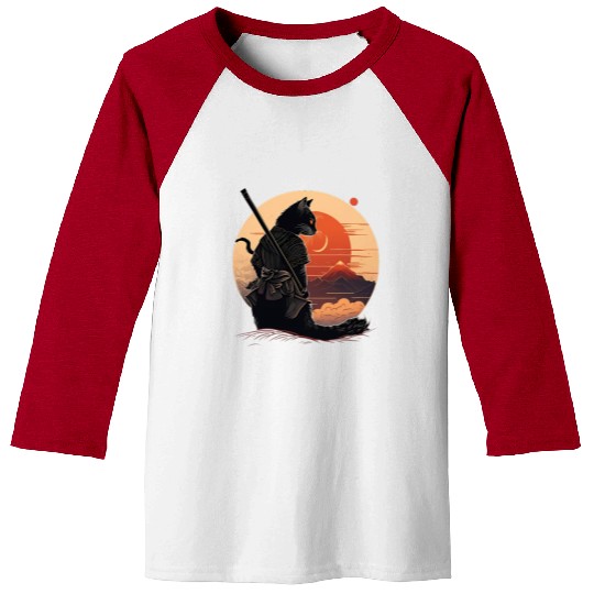 Vintage Japanese Sunset Style And Samurai Cat Kitt Baseball Tees