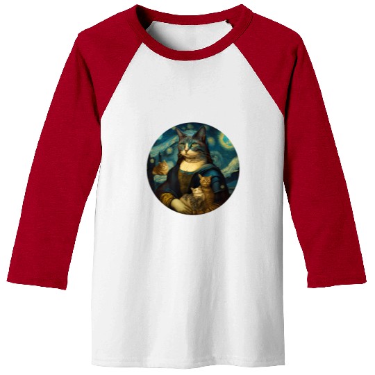 Mona Lisa With Cats Starry Night Van Gogh Painting Baseball Tees