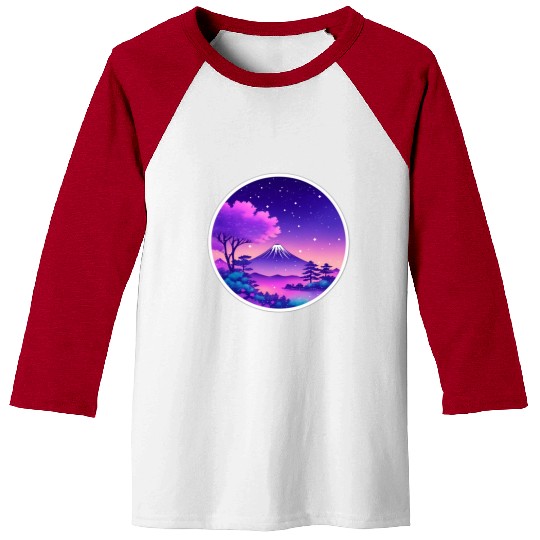 Japan Mount Fuji Night Sky Lo-Fi Art Retro Purple Baseball Tees