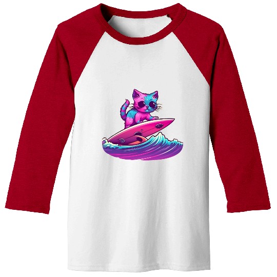 Synthwave Surfing Cat Baseball Tees