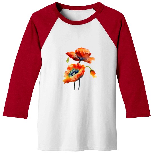 RED POPPIES Baseball Tees, WATERCOLOR RED POPPIES TOP