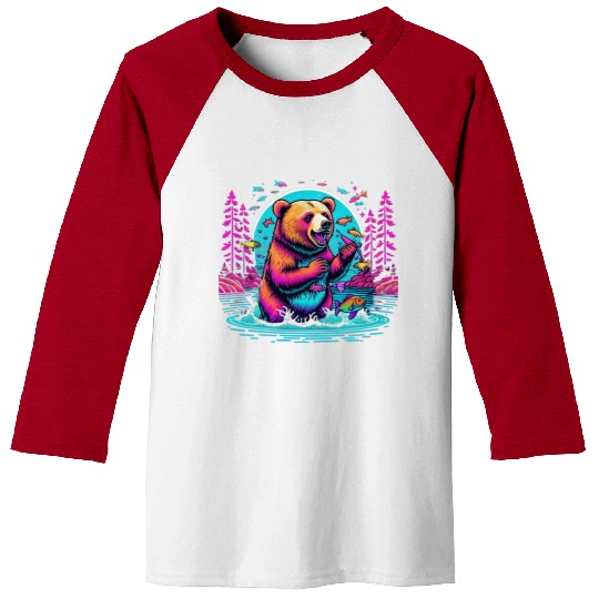 Joyful Bear Fishing in River Baseball Tees