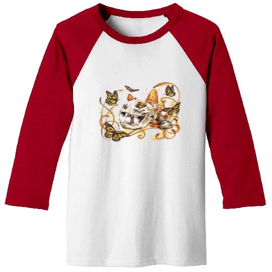 Cat Skull And Butterflies Baseball Tees