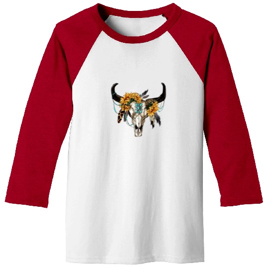 Bull Skull And Sunflowers Baseball Tees