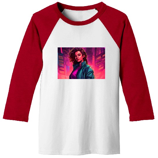 Girl in front of a Neon Pink Cityscape Baseball Tees