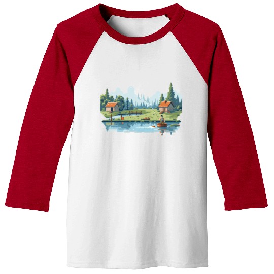 Fisherman Nature 8-bit style Baseball Tees