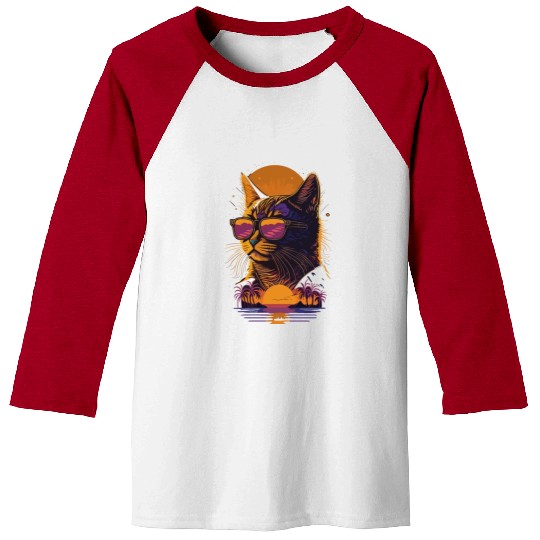 Retro sunset Cat wearing sunglasses Baseball Tees