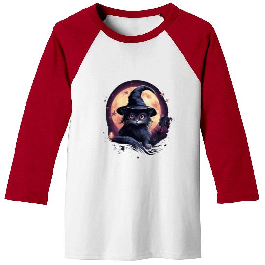 Black cat with witch hat Baseball Tees