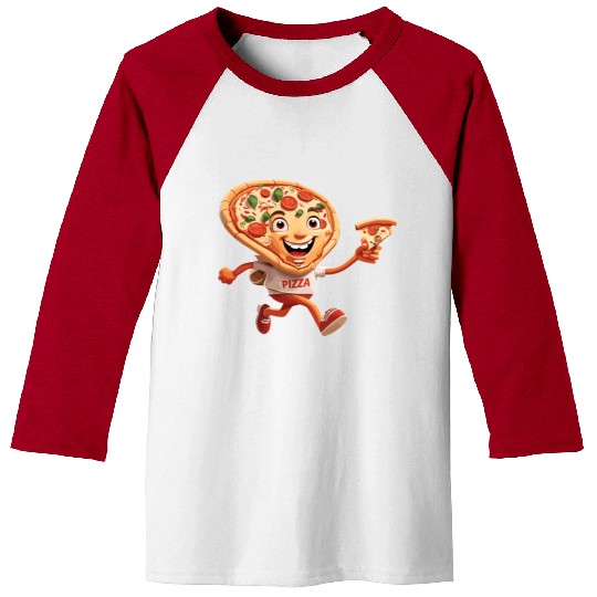 Cartoon Character of Pizza Running Design Baseball Tees