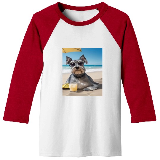 Schnauzer Chilling at Beach with a Drink Baseball Tees