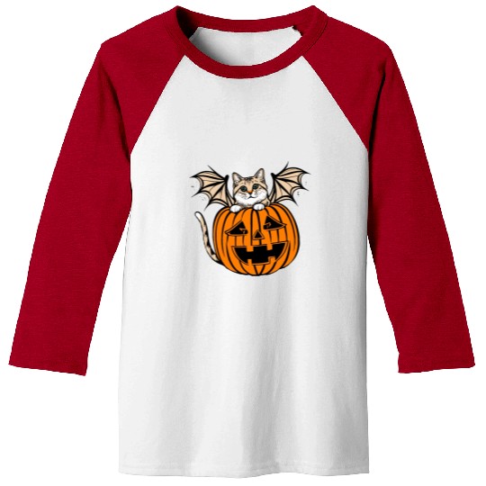 Cute Creepy Cat With Bat Wings Funny Halloween Baseball Tees