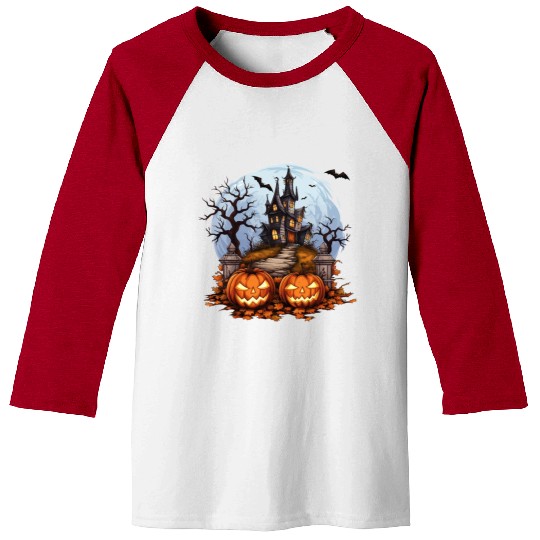 Spooky Haunted House Halloween Pumpkin Bat Baseball Tees