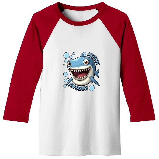 Funny Happy Cartoon Shark Feelin Fin-Tastic Baseball Tees