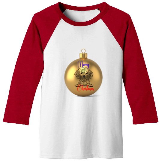 Merry Dog Christmas on a gold ornament. Baseball Tees