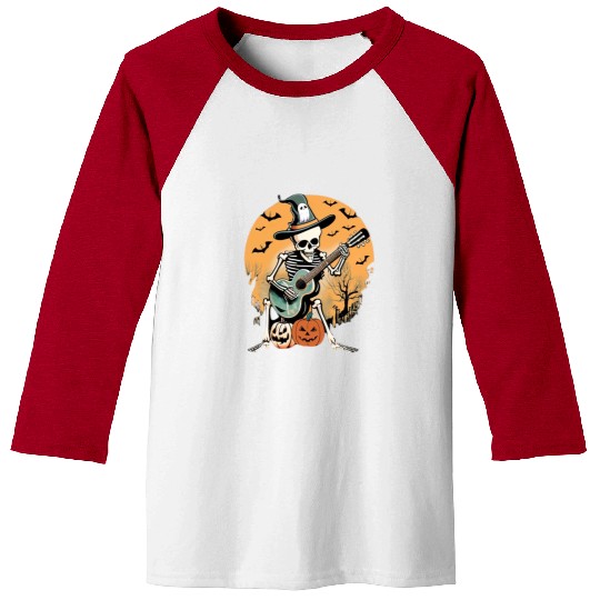 Skeleton Playing Guitar Spooky Serenade Halloween Baseball Tees