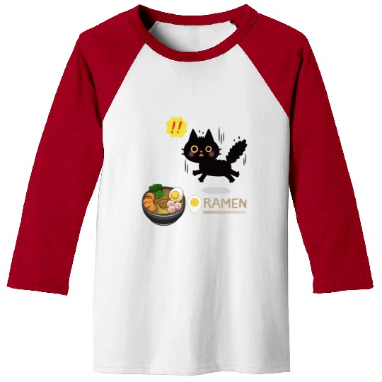 Surprised Ramen-Loving Black Cat Baseball Tees