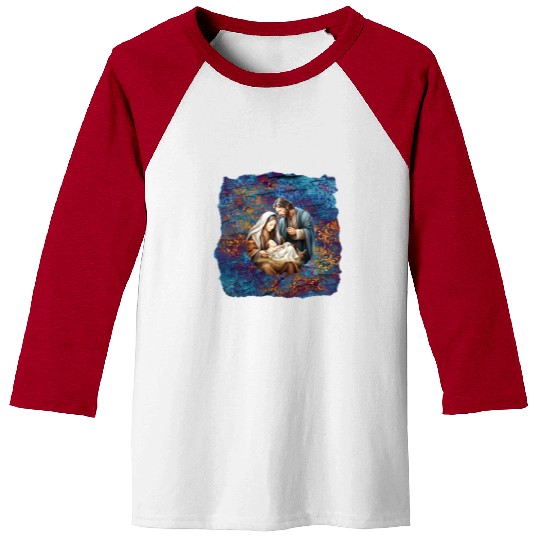 Nativity scene with Mary Joseph Baby Jesus Baseball Tees