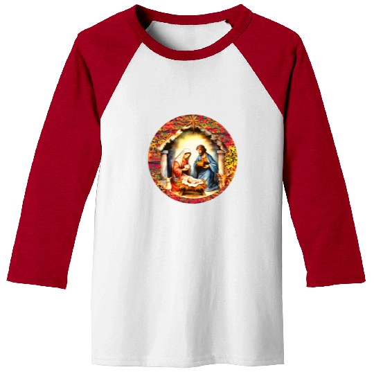 Nativity scene with Mary Joseph Baby Jesus Baseball Tees