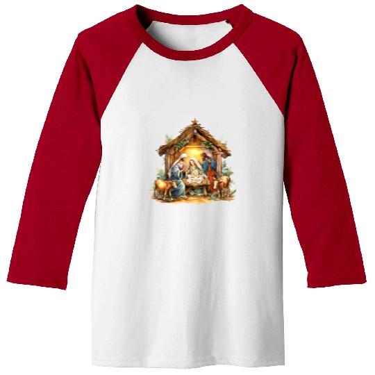 Nativity scene with Mary Joseph Baby Jesus Baseball Tees