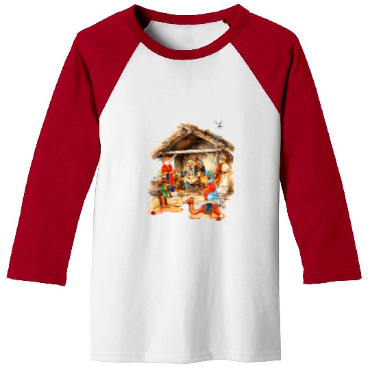 Nativity scene with Mary Joseph Baby Jesus Baseball Tees