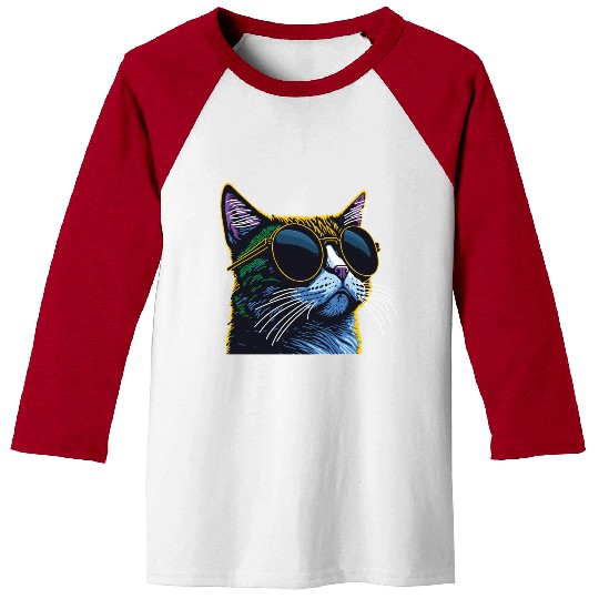 Retro Cat: Yellow Glasses Charm Baseball Tees