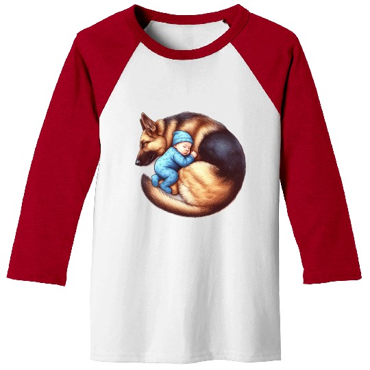 Sleeping Baby and German Shepherd Design Baseball Tees