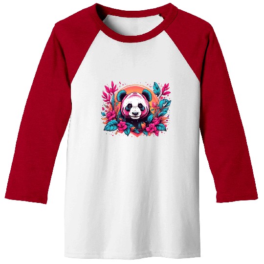 Retro panda with neon nature floral vintage sunset Baseball Tees