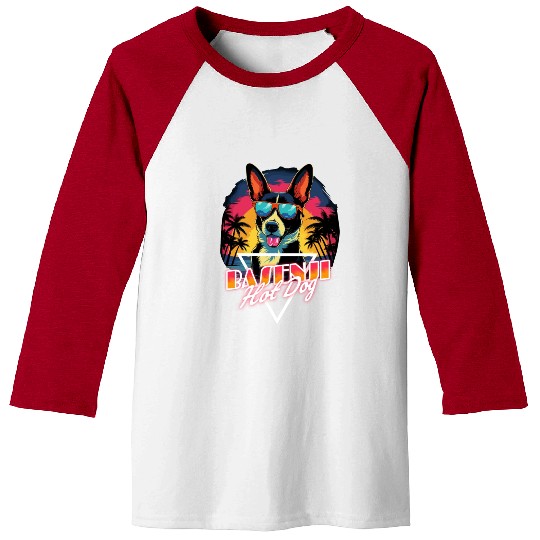 Retro Wave Basenji Hot Dog Baseball Tees