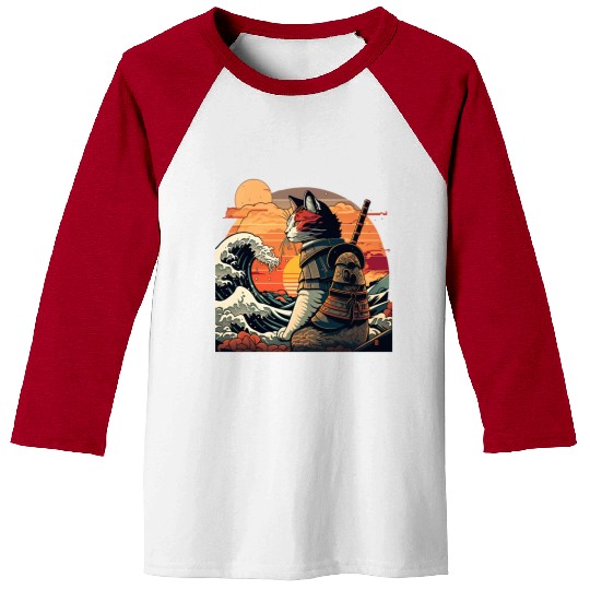 Samurai Cat vs The Great Wave Baseball Tees